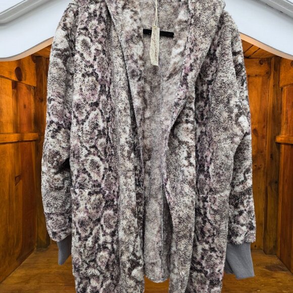 Mystree Hooded Plush Open Front Cardigan Jacket Neutral Mauve Taupe ONE SIZE - Picture 2 of 7